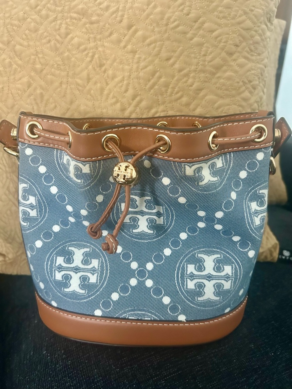Tory Burch Blue Denim Logo Drawstring Bucket Bag with Brown Trim